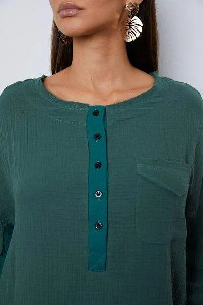 Half Button Up Round Neck Blouse Blouses - Tophatter Daily Deals